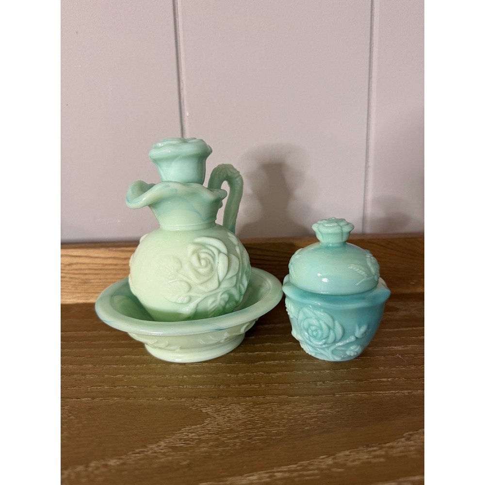 Vintage Avon Moonwind Powder Sachet Pot & Pitcher Decanter Blue Green Teal Milk